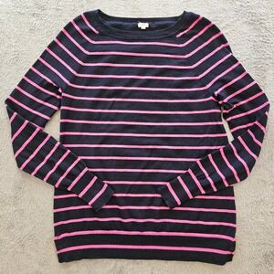J. Crew Navy Blue Black and Pink Striped Cotton Crewneck Sweater Size Small
